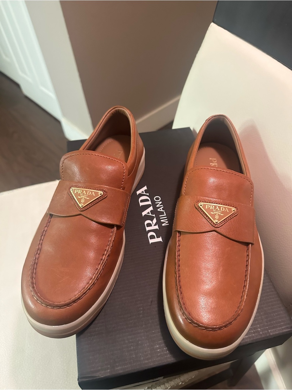 Prada Tan Leather Penny Loafers with Gold Triangle Plaque - Picture 2 of 3